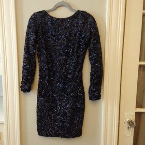 Navy and Black Sequined Long- Sleeved Dress